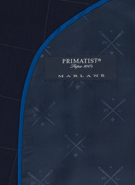 Granatowy garnitur dwurzędowy w subtelną kratę