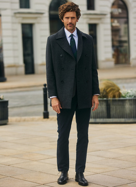 Szary płaszcz dwurzędowy z wełną