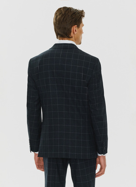 Trzyczęściowy granatowy garnitur męski w kratę