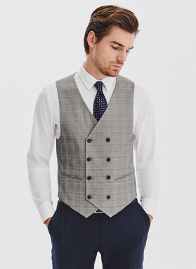 Szara dwurzędowa kamizelka męska w kratę