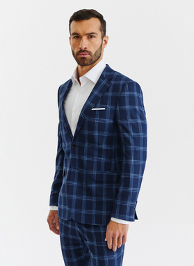 Granatowy garnitur męski w niebieską kratę