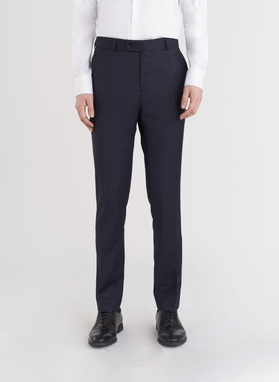 Granatowe spodnie garniturowe w subtelną kratę