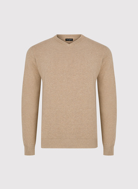 Beżowy sweter męski z dekoltem w serek