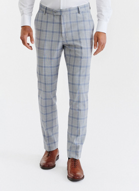 Szare spodnie garniturowe w niebiesko-białą kratę