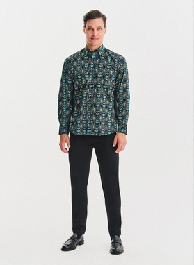 Czarna koszula w turkusowe kwiaty