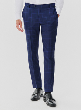 Granatowe spodnie garniturowe w niebieską kratkę