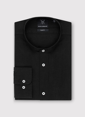 Lniana czarna koszula męska ze stójką