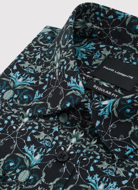 Czarna koszula w turkusowe kwiaty