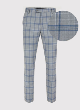 Szare spodnie garniturowe w niebiesko-białą kratę