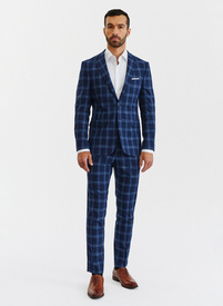 Granatowe spodnie garniturowe w niebieską kratę