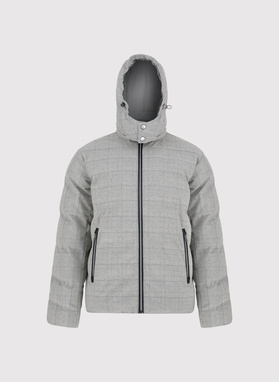 Szara kurtka w kratę z odpinanym kapturem